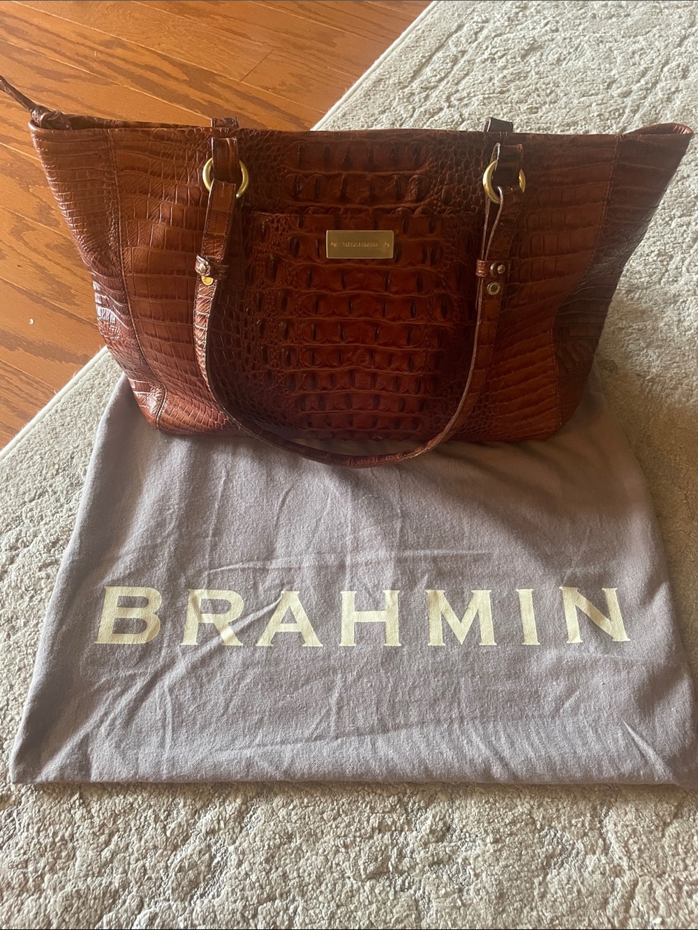 Brahmin Croc-Embossed Tote in Rich Brown with Gold Hardware